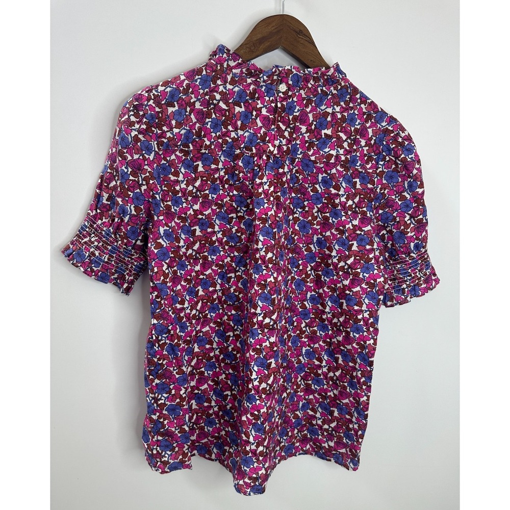 J.Crew Smocked 100% Linen Puff-Sleeve Top in Berry Floral High Neck Blouse XS - Picture 10 of 12